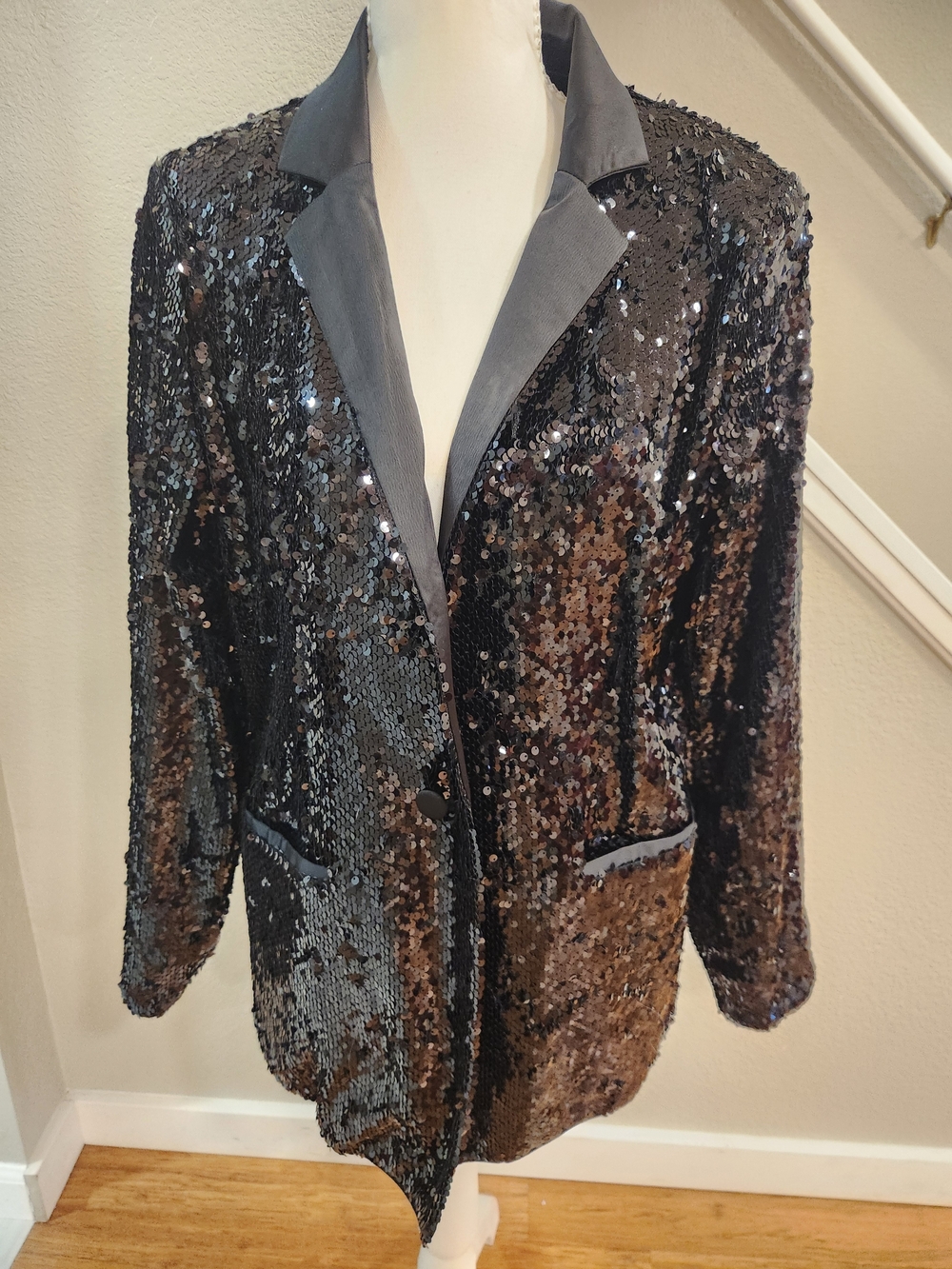 Black Sequin Blazer Jacket with Notch Collar